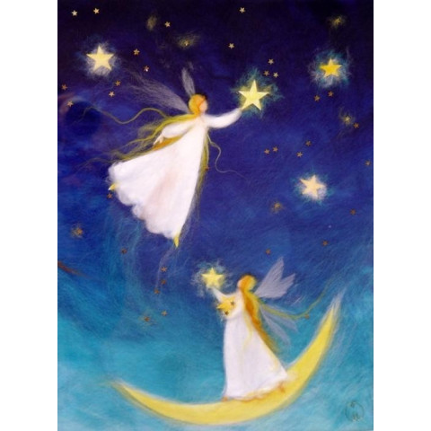 Carte postale fées des étoiles, tableau laine feutrée de célia Portail, Rêves en laine