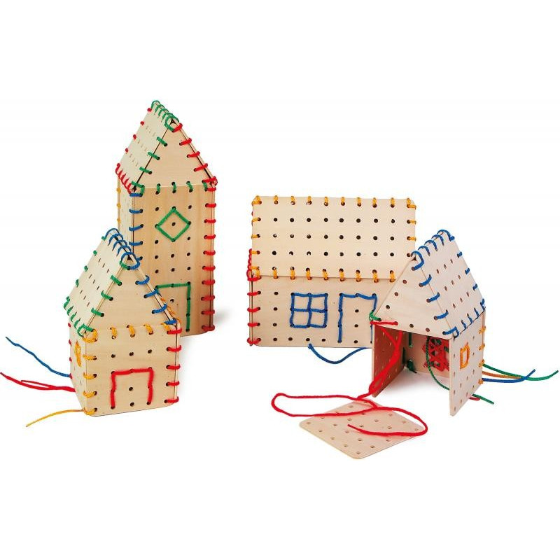 Maisons, village à lacer en bois,  jeu éléments de construction  avec des fils de legler