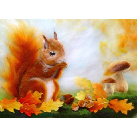 Carte écureuil en automne, carte postale tableau en laine steiner waldorf de celia portail, reves en laine