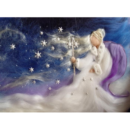 Carte Dame Holle, fée de l'hiver et neige, carte postale tableau en laine steiner waldorf de celia portail, reves en laine