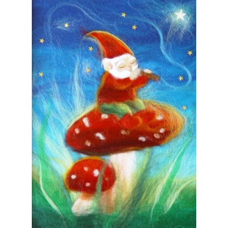 Carte postale lutin musicien et champignon, tableau laine feutrée de célia Portail, Rêves en laine