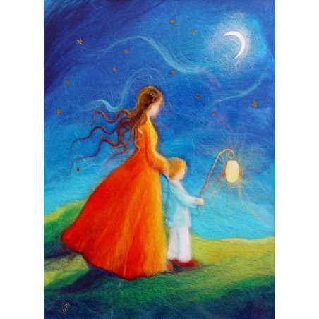 Carte postale Guide ma lanterne, tableau laine feutrée de célia Portail, Rêves en laine