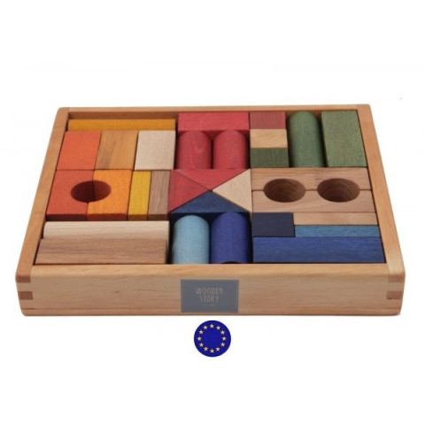 cubes de construction en bois, 30 blocs colorés naturel, jouet ecologique steiner waldorf de wooden story