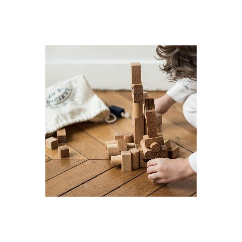 sac de 50 cubes et blocs de construction en bois naturel, jouet ecologique steiner waldorf de wooden story