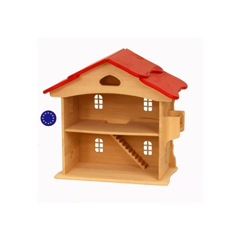 Maison de poupée en bois massif, toit rouge, jouet ecologique et ethique waldorf steiner de drewart