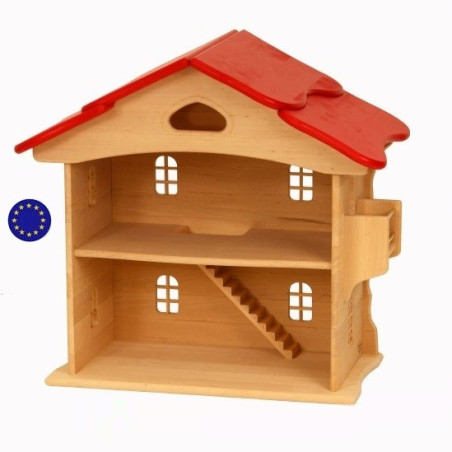 Maison de poupée, toit rouge, en bois
