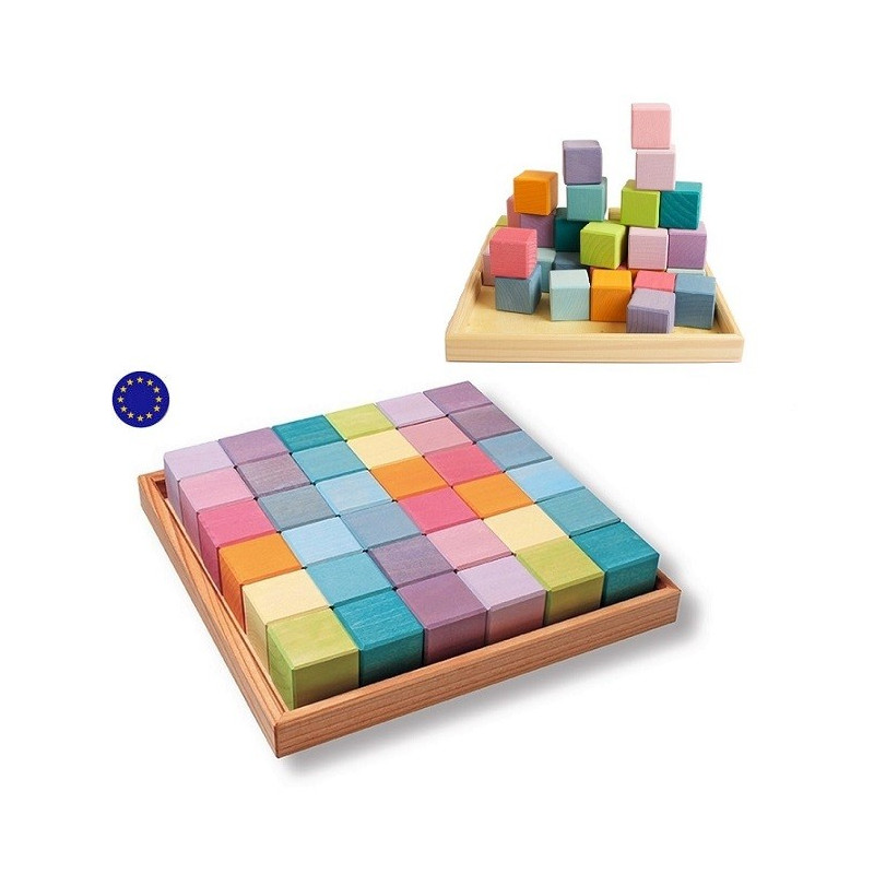 Cubes Mosaïque pastel en bois, jeu de construction d'eveil en bois steiner montessori Grimm's