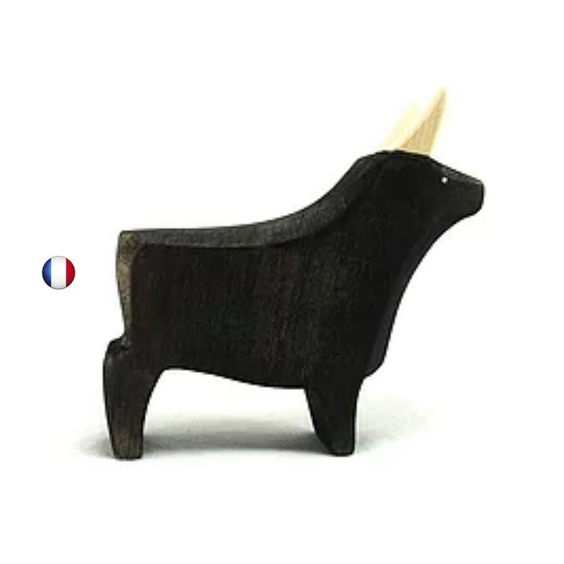 Figurine taureau noir, jouet en bois steiner waldorf de brin d'ours