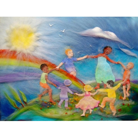 Carte postale ronde des enfants de la terre, carte tableau laine feutrée de célia Portail, Rêves en laine