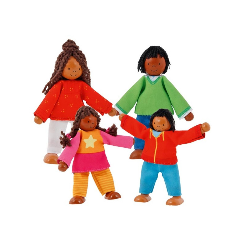 famille africaine noire, de couleur, mini poupées flexibles articulées pour maison de poupee en bois, de goki
