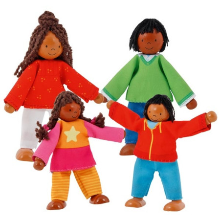 Famille métisse, poupées flexibles en bois