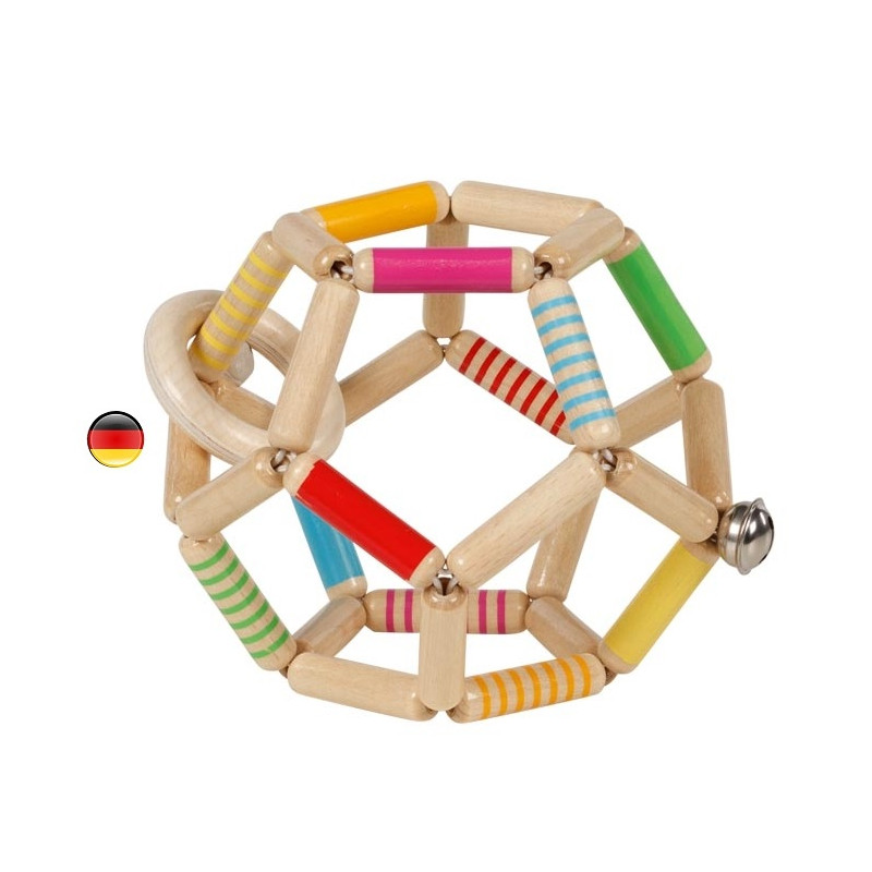 Hochet balle flexible en bois rayé colorél, jouet ecologique et ethique Heimess de goki