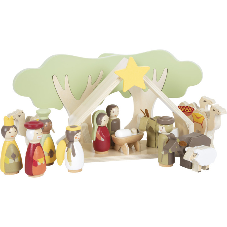 Une jolie crèche en bois et ses personnages pour raconter l'histoire de Noël, jouet de small foot legler
