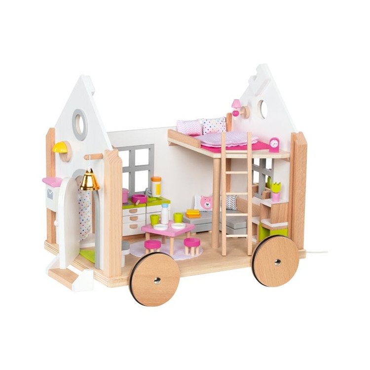 Tiny house, maison de poupée roulotte, jouet en bois pour mini poupées de goki